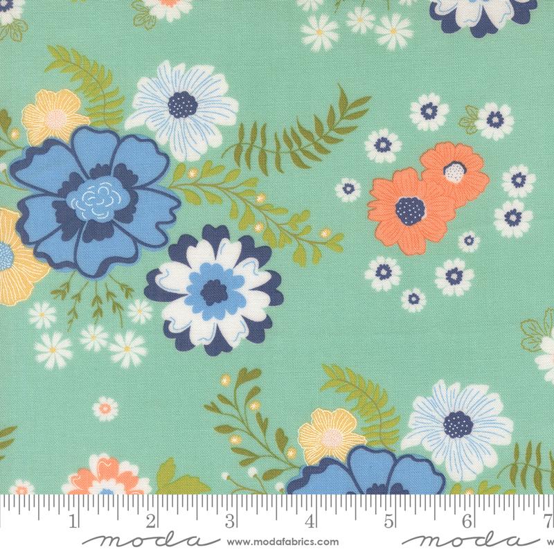Catching Sunshine Flower Aqua - Quilt Fabric, zoomed in. Select this picture to zoom back out.