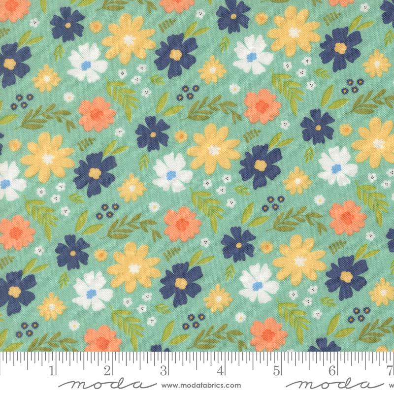Catching Sunshine Blossoms Aqua - Quilt Fabric, zoomed in. Select this picture to zoom back out.
