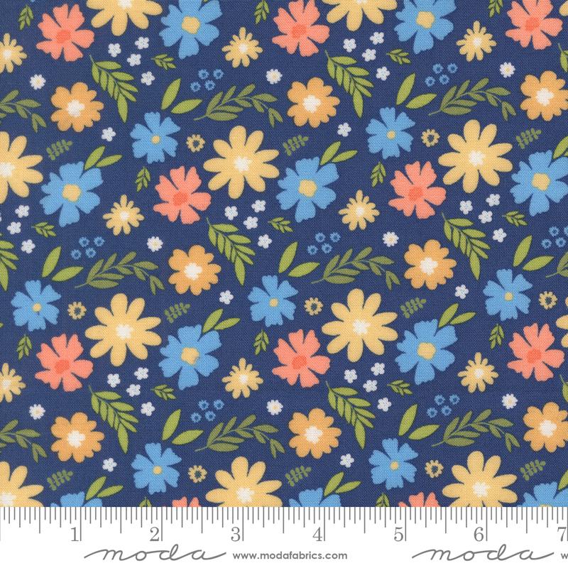 Catching Sunshine Blossoms Cobalt - Quilt Fabric, zoomed in. Select this picture to zoom back out.