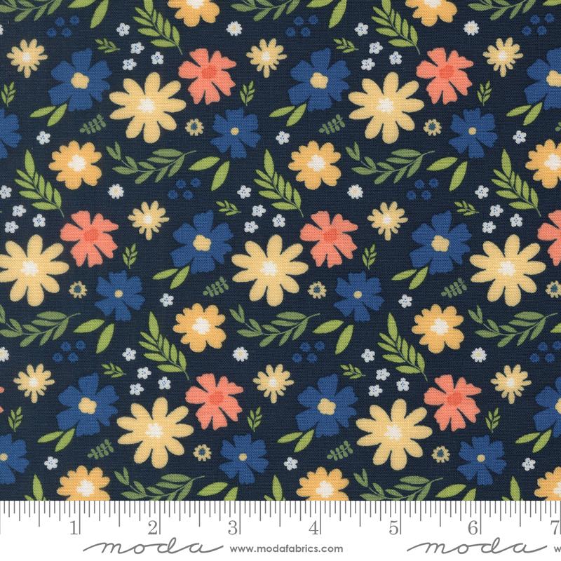 Catching Sunshine Blossoms Navy - Quilt Fabric, zoomed in. Select this picture to zoom back out.