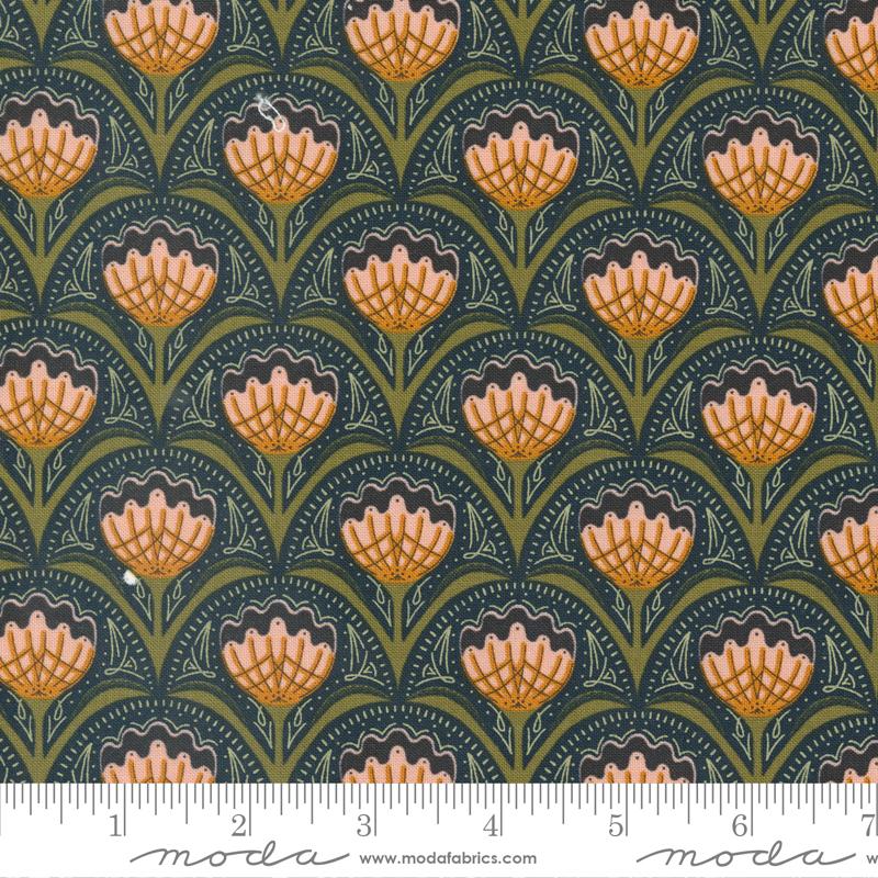 Quaint Cottage Midnight - Quilt Fabric, zoomed in. Select this picture to zoom back out.