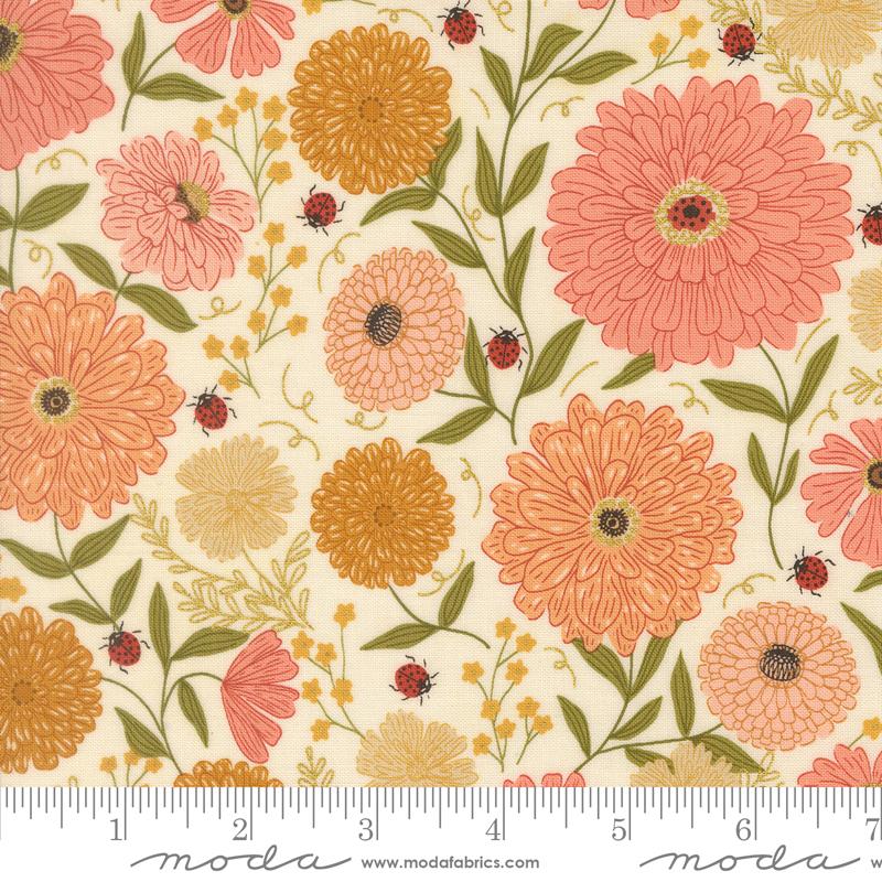 Ladybug Whimsy Blossom Eggshell - Quilt Fabric, zoomed in. Select this picture to zoom back out.
