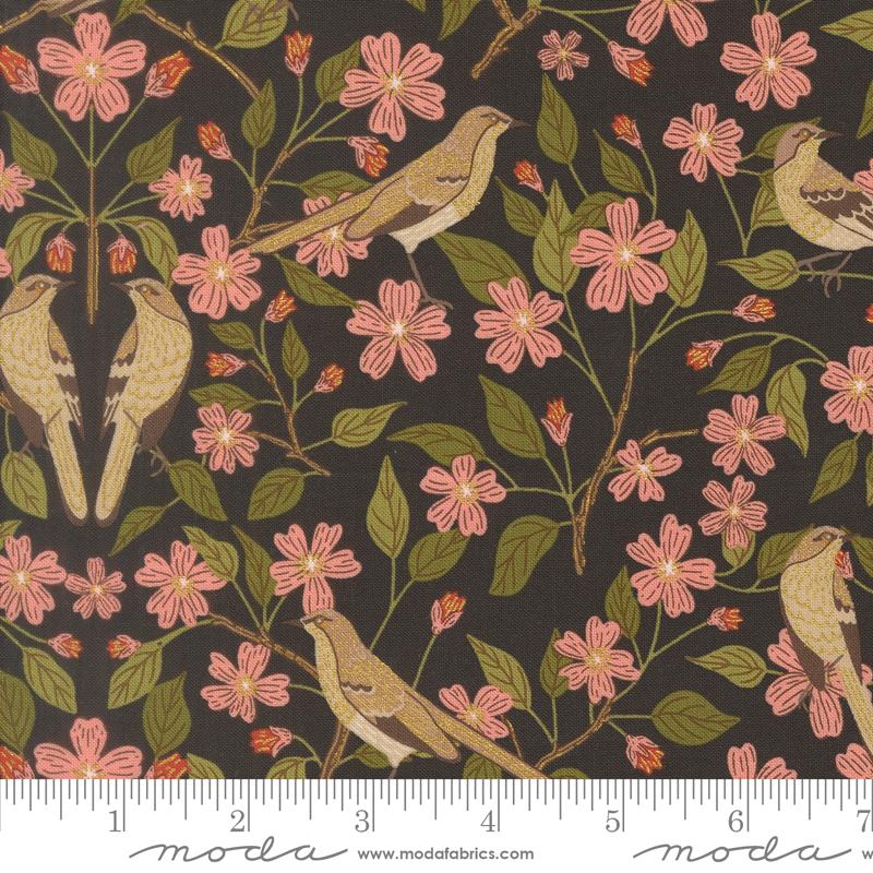 Ladybug Whimsy Birds Midnight - Quilt Fabric, zoomed in. Select this picture to zoom back out.