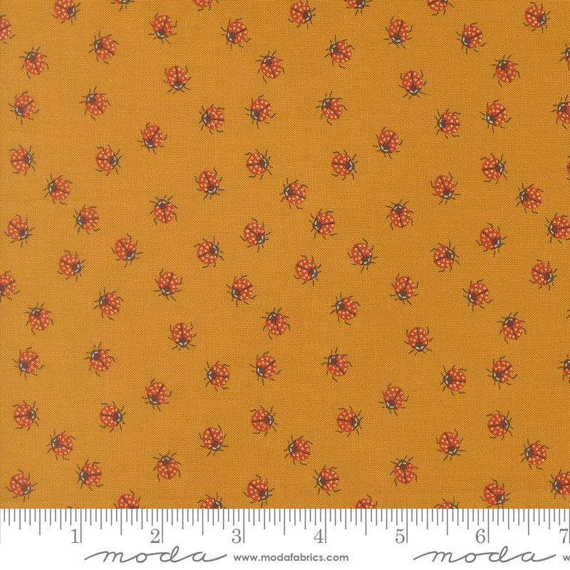 Ladybug Whimsy Bugs Golden - Quilt Fabric, zoomed in. Select this picture to zoom back out.
