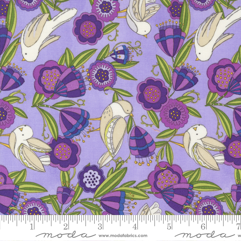 Pansys Posies Lavender - Birdies In The Posies - Fabric