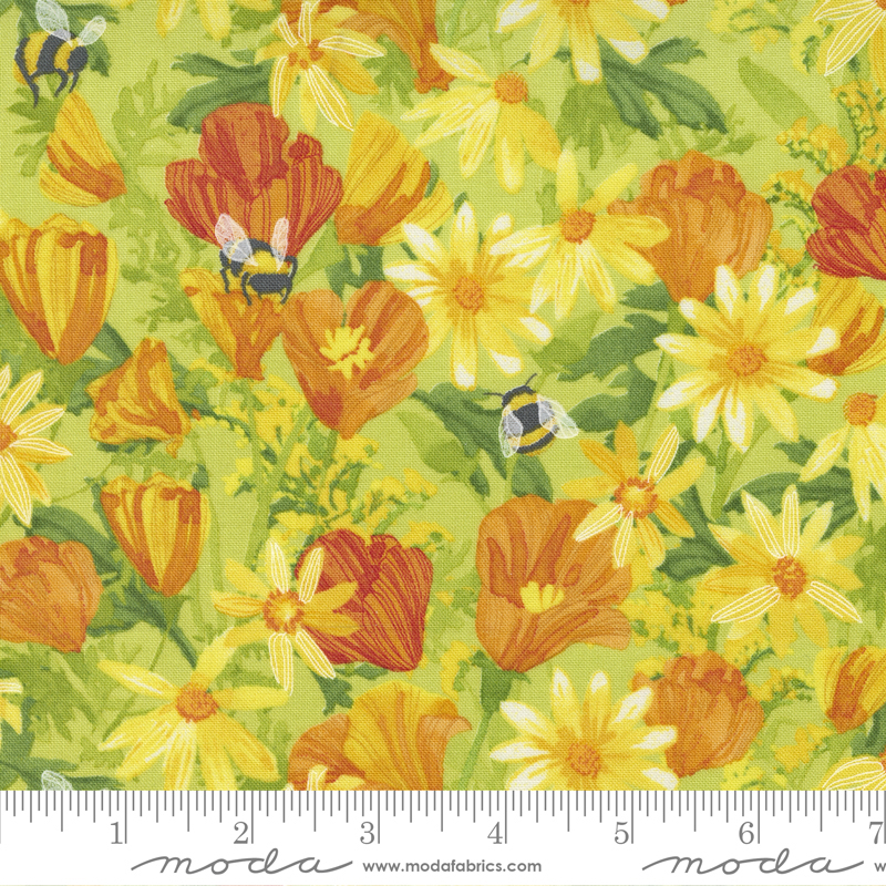 Wild Blossoms Sunlit - Daisies And Poppies Bees - Fabric