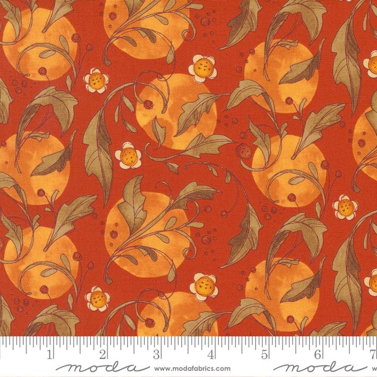 Forest Frolic Copper - Swirly Leaves Dots Leaf - Fabric