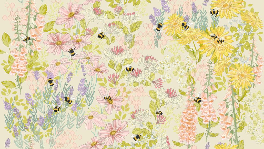 Pollinators Bee Garden Cloud - Quilt Fabric, zoomed in. Select this picture to zoom back out.