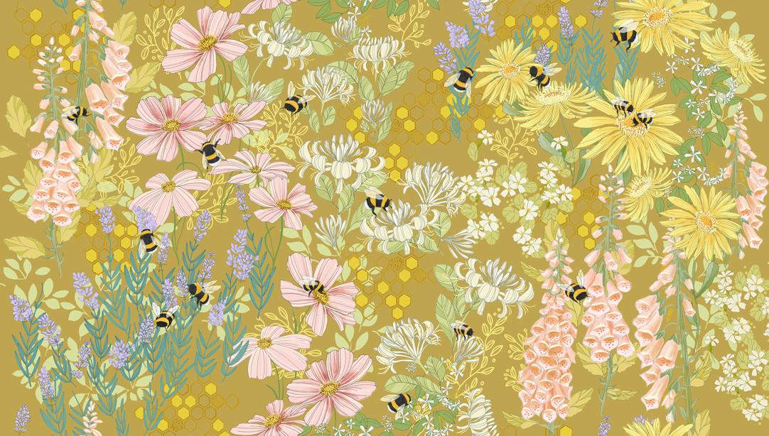 Pollinators Bee Garden Golden - Quilt Fabric, zoomed in. Select this picture to zoom back out.