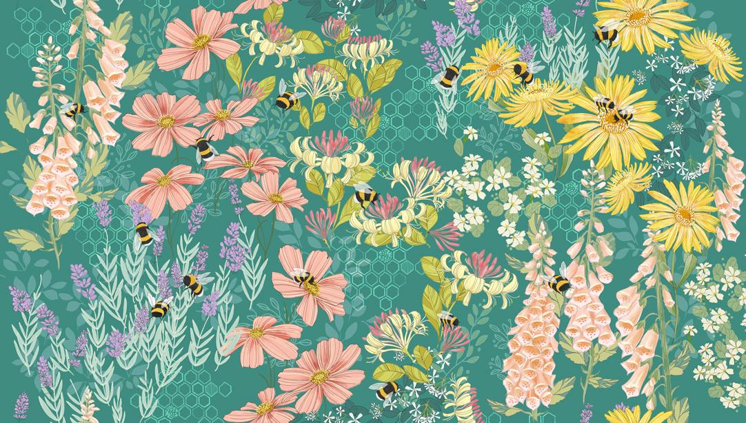 Pollinators Bee Garden Pond - Quilt Fabric, zoomed in. Select this picture to zoom back out.