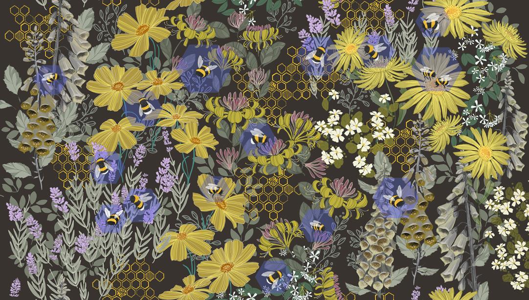 Pollinators Bee Garden Onyx - Quilt Fabric, zoomed in. Select this picture to zoom back out.