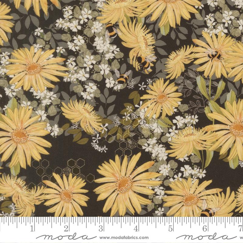 Pollinators Daisies Onyx - Quilt Fabric, zoomed in. Select this picture to zoom back out.