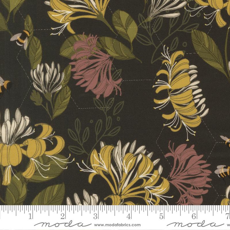 Pollinators Honeysuckle Onyx - Quilt Fabric, zoomed in. Select this picture to zoom back out.