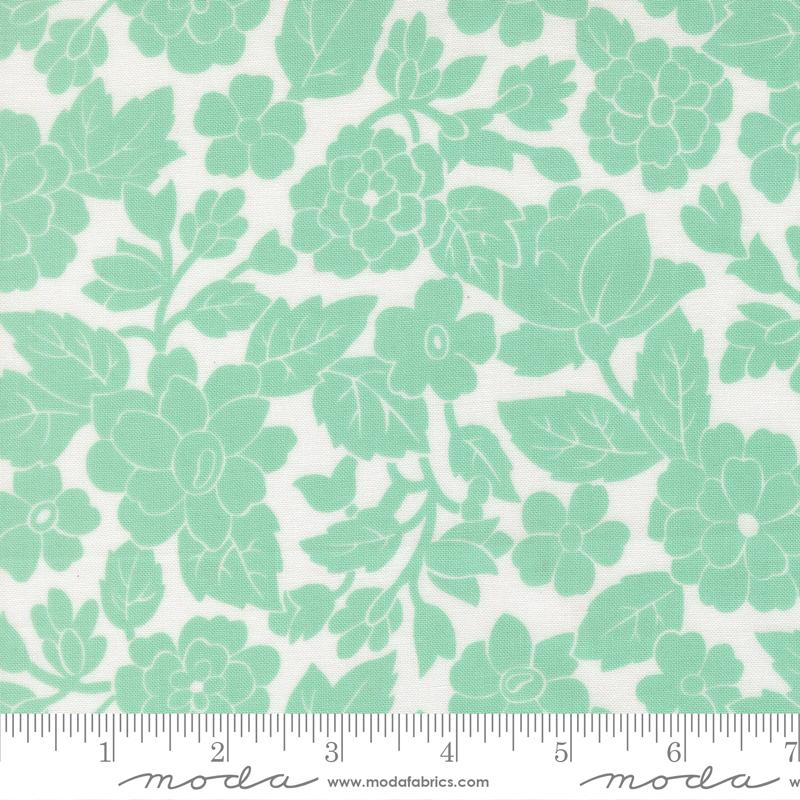 Bloomsberry Imprint White Aqua - Quilt Fabric, zoomed in. Select this picture to zoom back out.