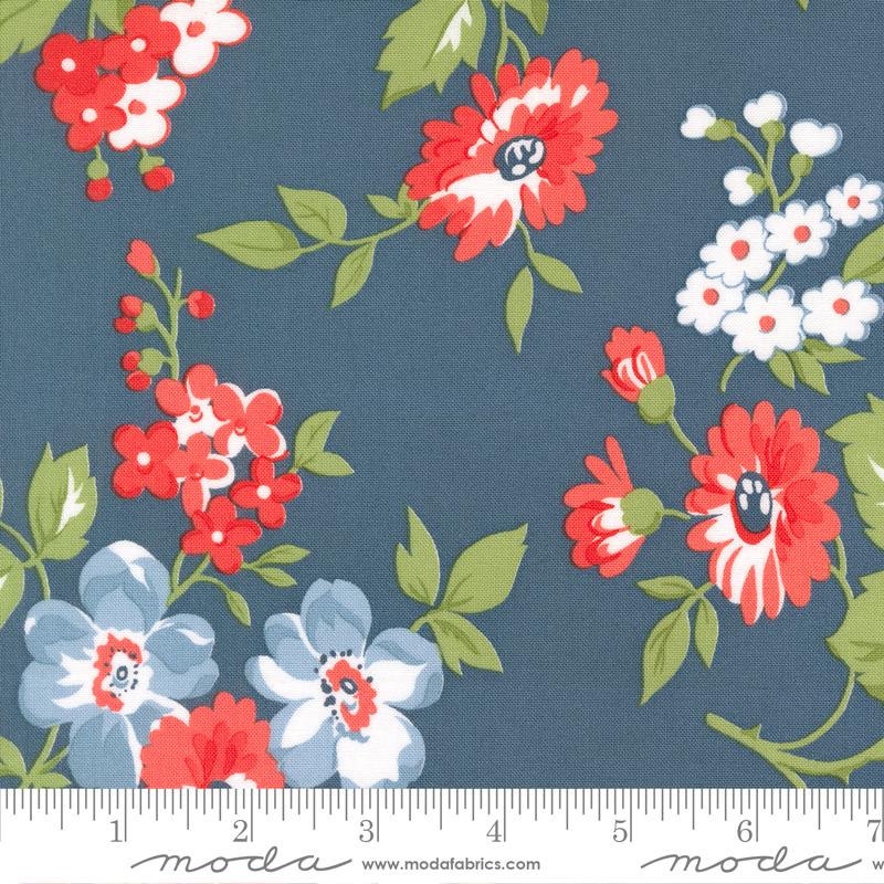 Stars And Stripes Floral Blue - Quilt Fabric, zoomed in. Select this picture to zoom back out.