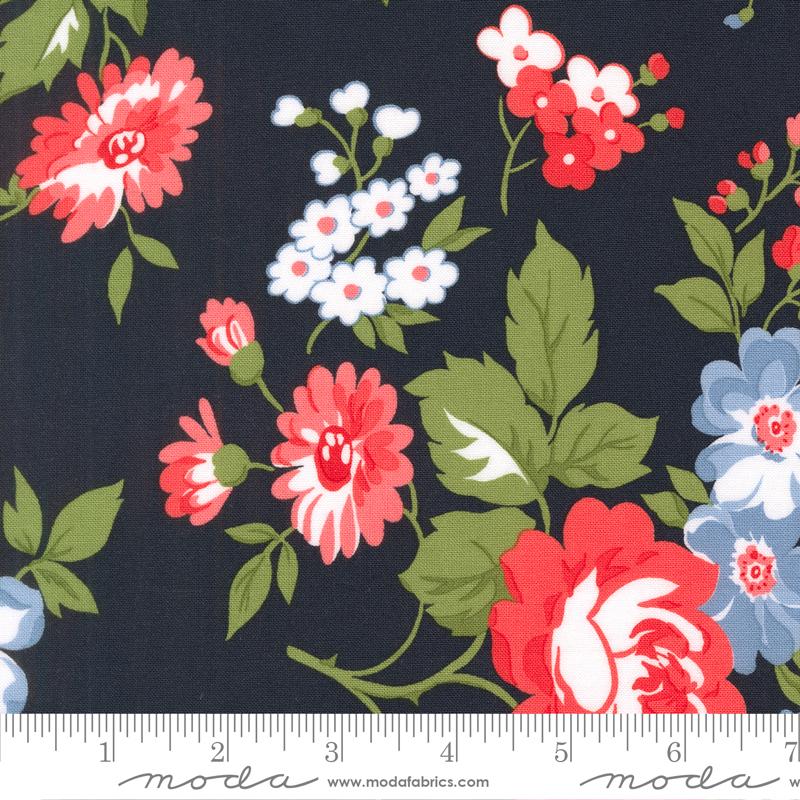Stars And Stripes Floral Navy Blue - Quilt Fabric, zoomed in. Select this picture to zoom back out.