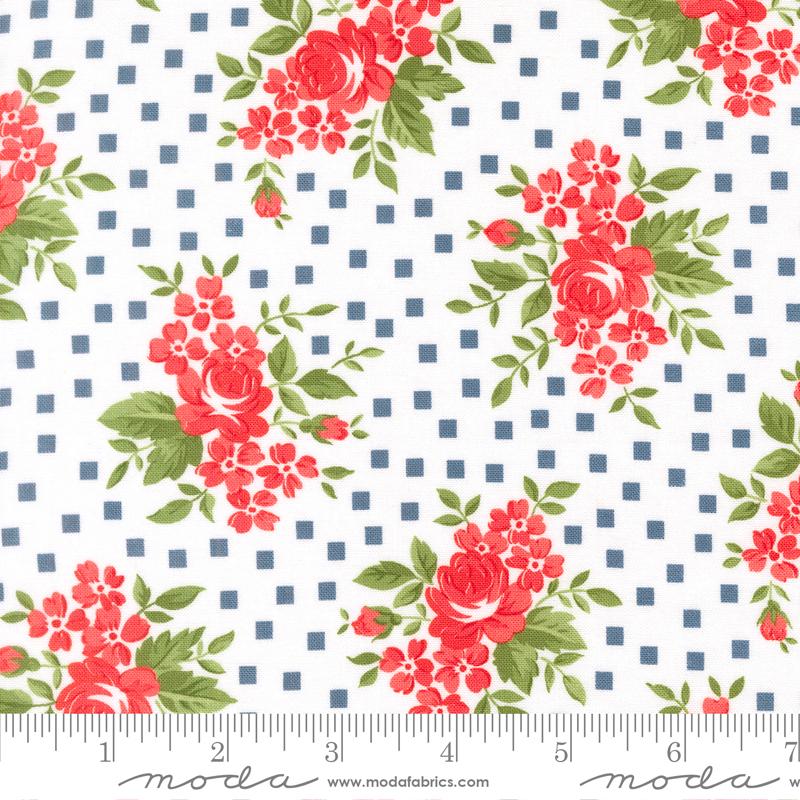 Stars And Stripes Flowers White - Quilt Fabric, zoomed in. Select this picture to zoom back out.