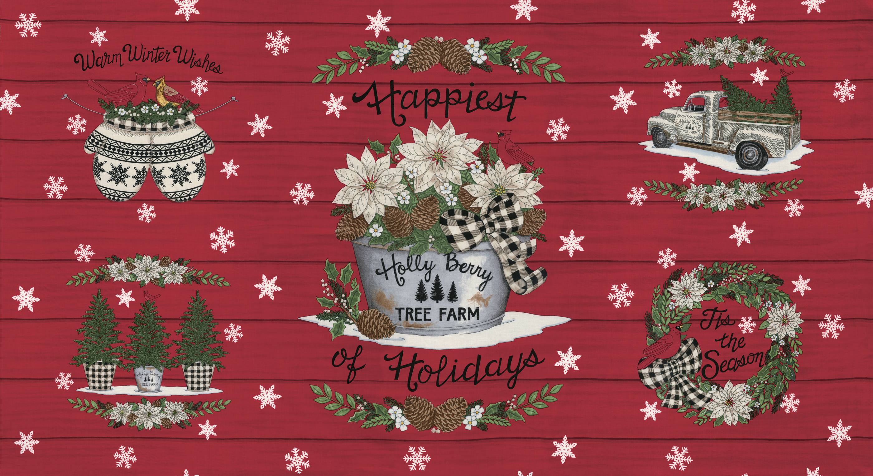 Holly Berry Tree Farm Berry Red - Quilt Panel