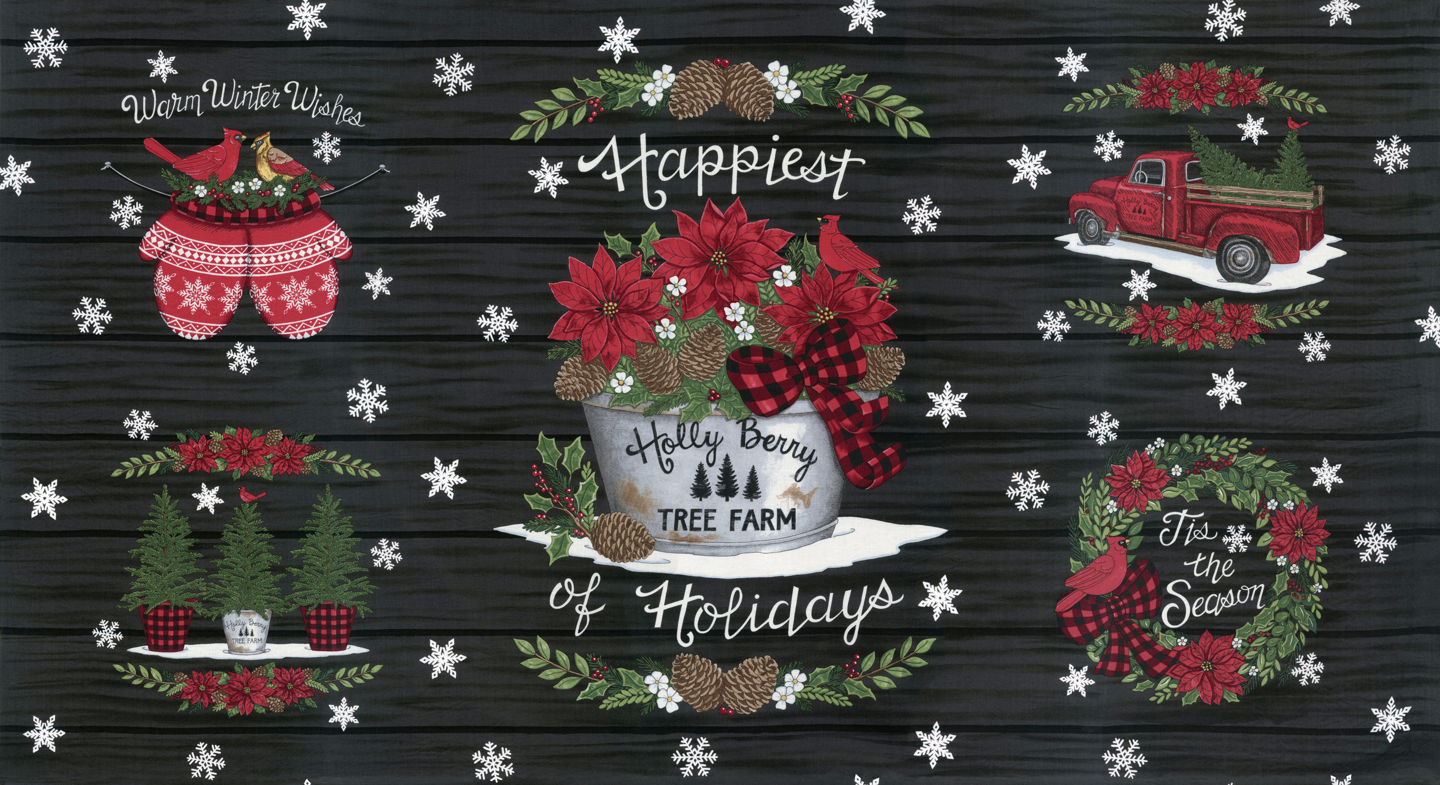 Holly Berry Tree Farm Black - Quilt Panel