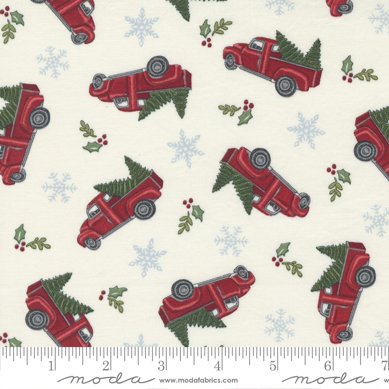 Holly Berry Tree Farm White - Trucks and Trees - Fabric