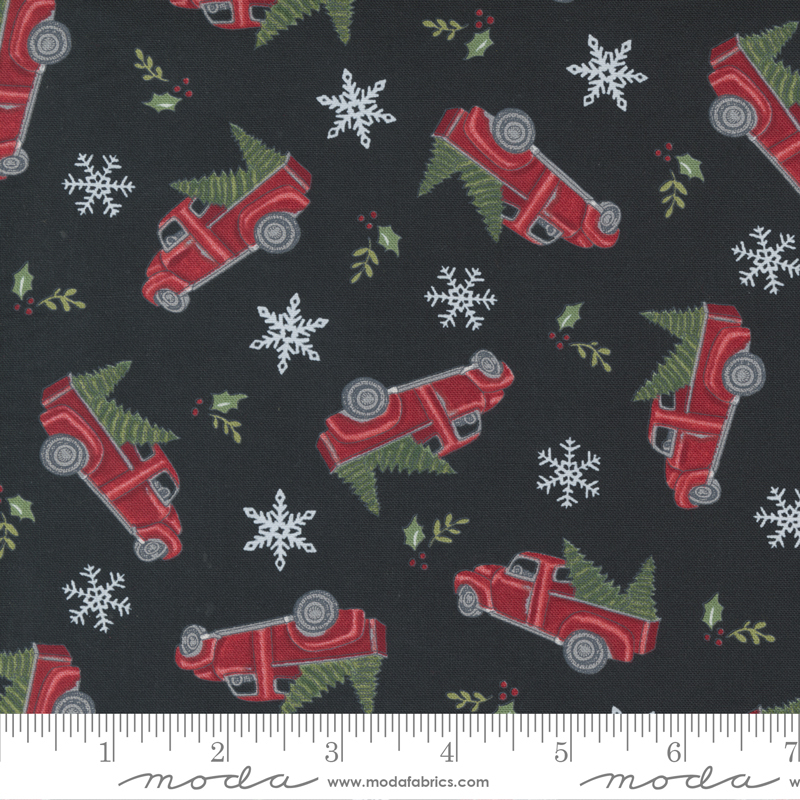 Holly Berry Tree Farm Black - Trucks and Trees - Fabric