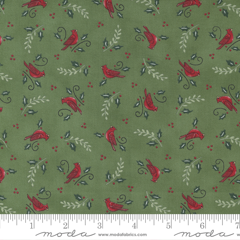 Holly Berry Tree Farm Green - Cardinals and Holly - Fabric