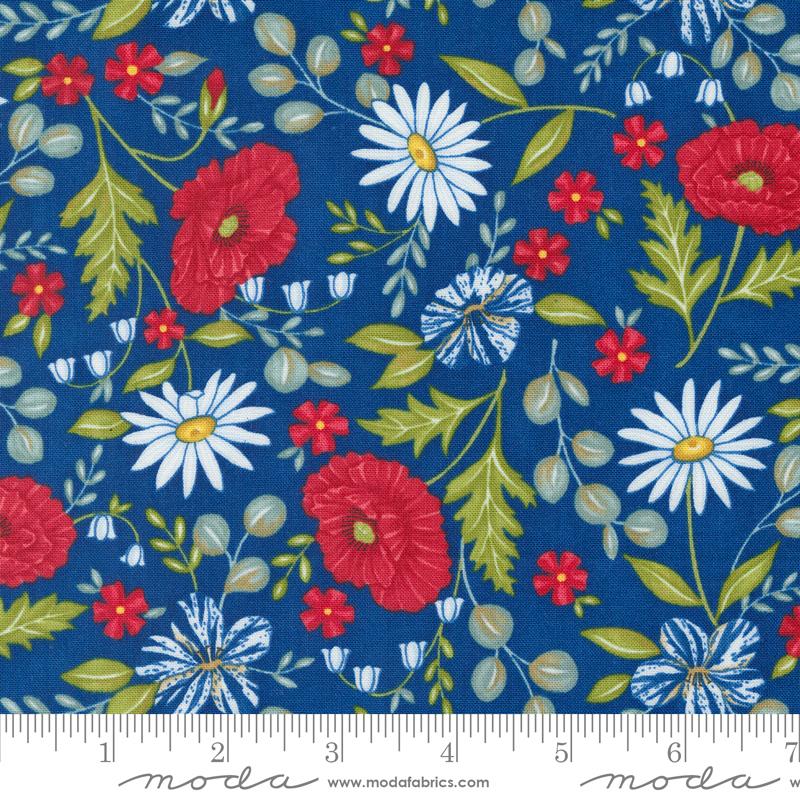 Red White Bloom Flowers - Midnight Blue - Quilt Fabric