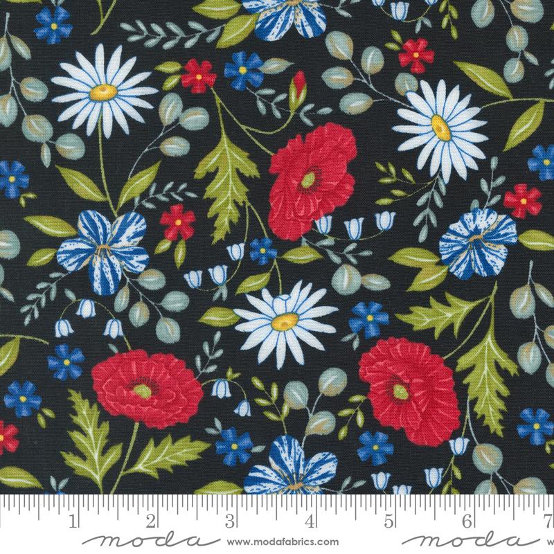 Red White Bloom Flowers - Black - Quilt Fabric