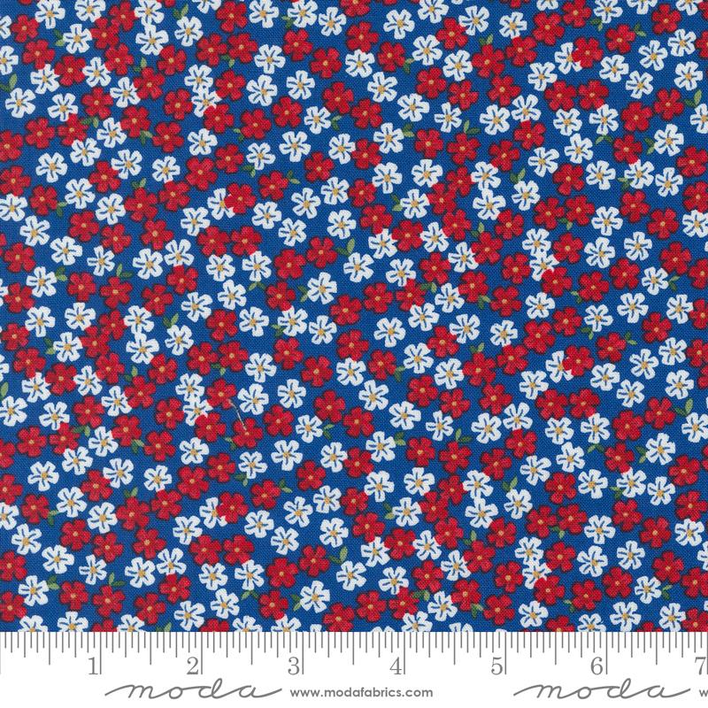 Red White Bloom Flowers - Midnight Blue - Quilt Fabric