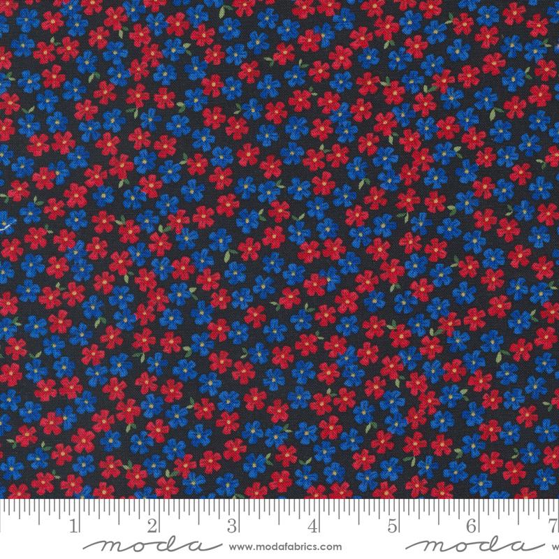 Red White Bloom Flowers - Black - Quilt Fabric