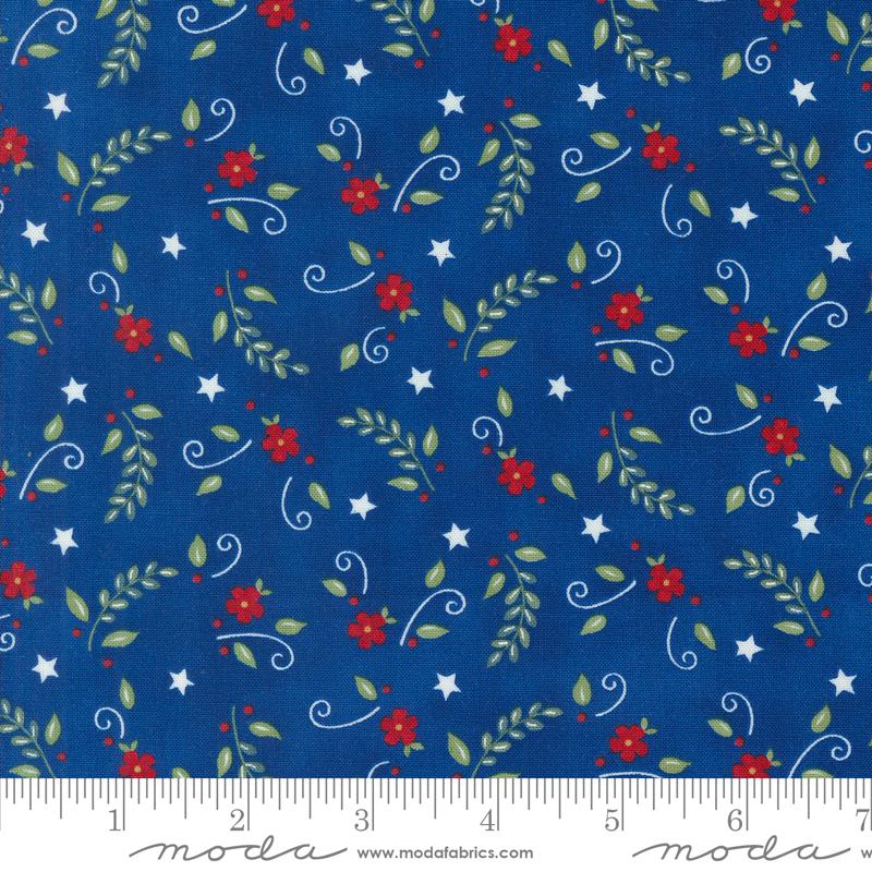 Red White Bloom Leafs - Midnight Blue - Quilt Fabric