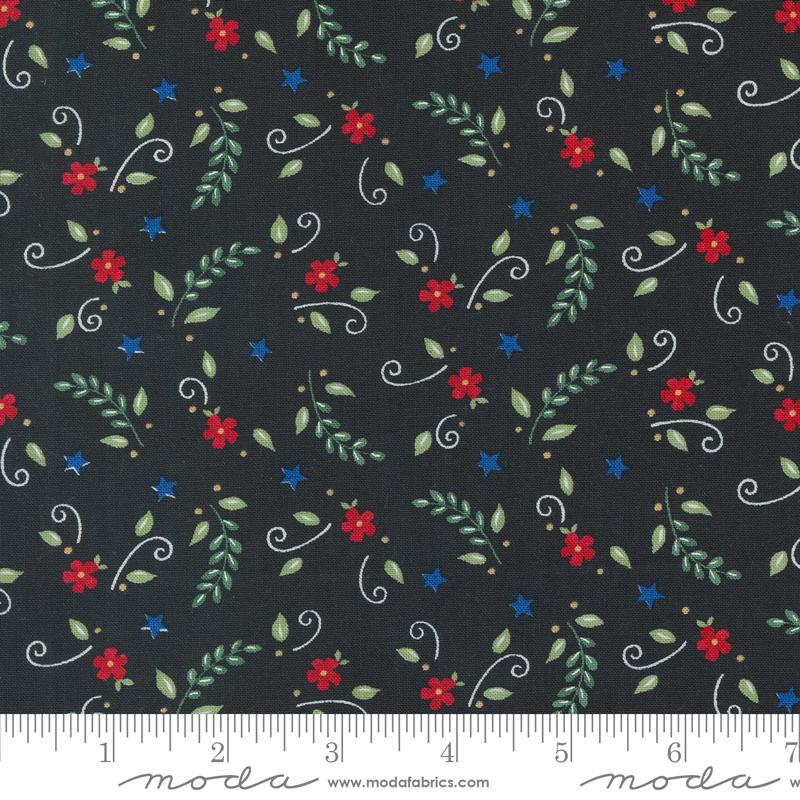 Red White Bloom Leafs - Black - Quilt Fabric