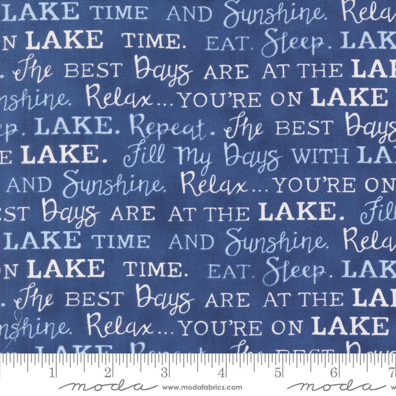 On Lake Time Text - Deep Water - Quilt Fabric