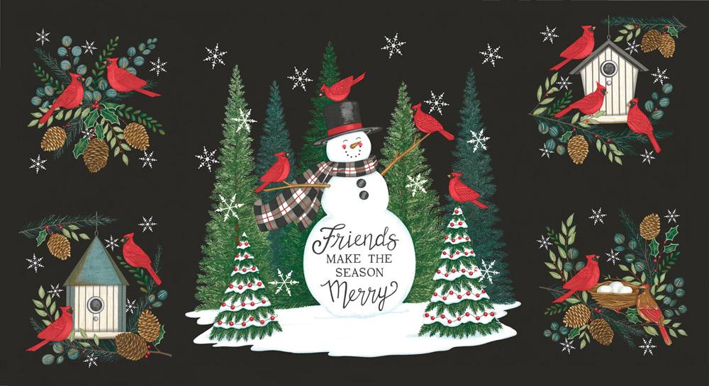 Winter Friends Charcoal Black - Christmas Quilt Panel