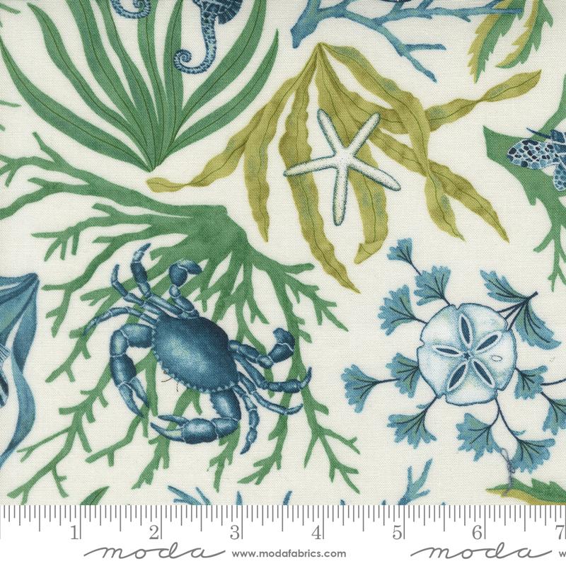 Seaside Seafoam Life White - Quilt Fabric, zoomed in. Select this picture to zoom back out.