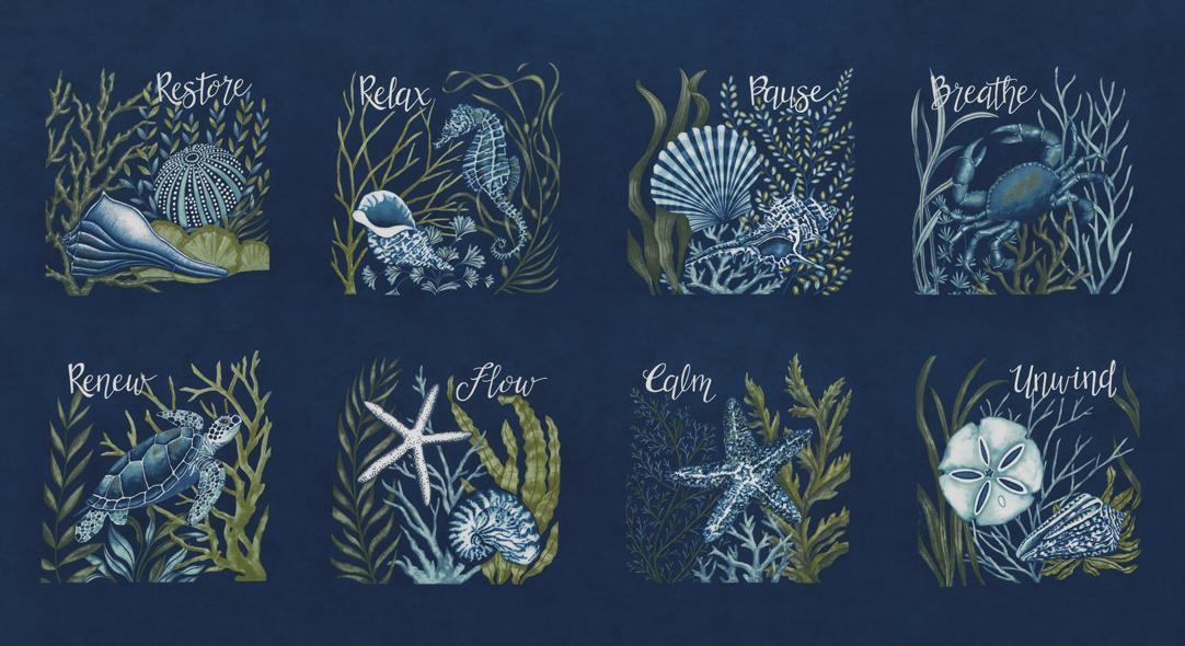 Seaside Panel Life Deep Sea - Quilt Fabric, zoomed in. Select this picture to zoom back out.