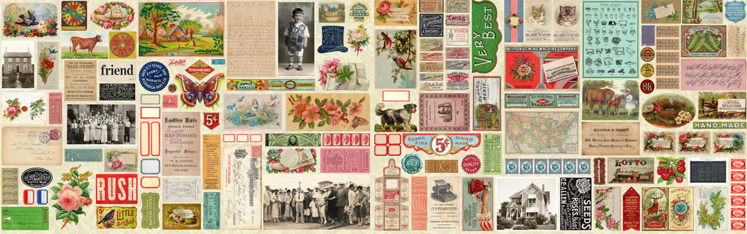 Flea Market Mix Parchment - Ephemera Flat Lay - Quilt Panel