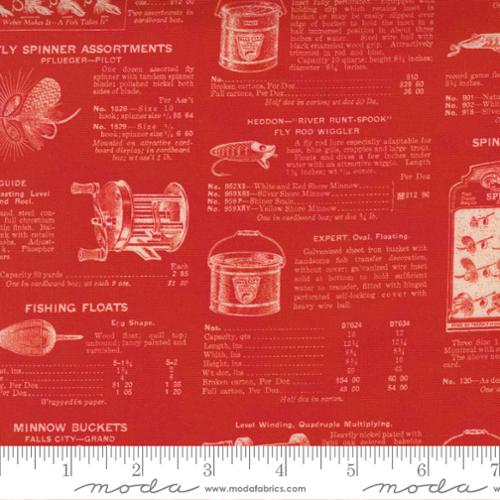 Outdoorsy Cayenne - Fishing Tackle Vintage Text - Fabric