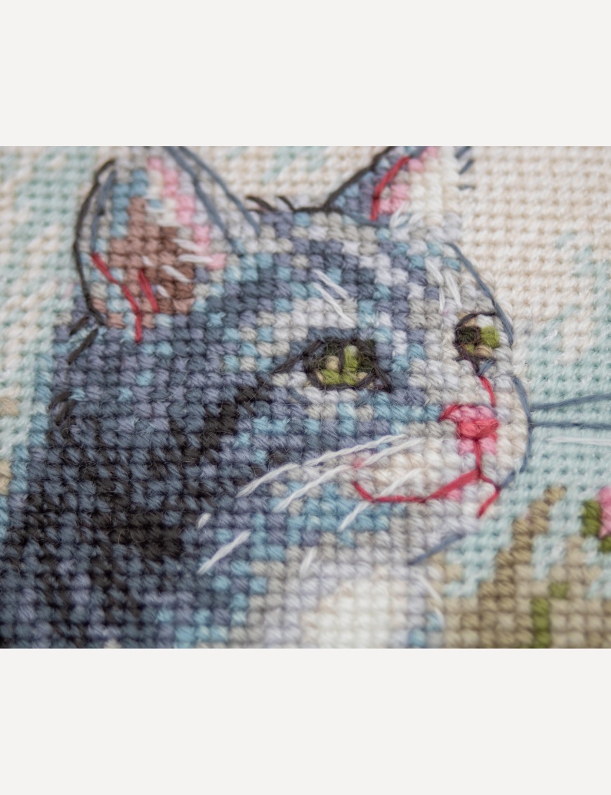 Garden Whiskers - Cross Stitch Kit, different perspective #1, zoomed in. Select this picture to zoom back out.