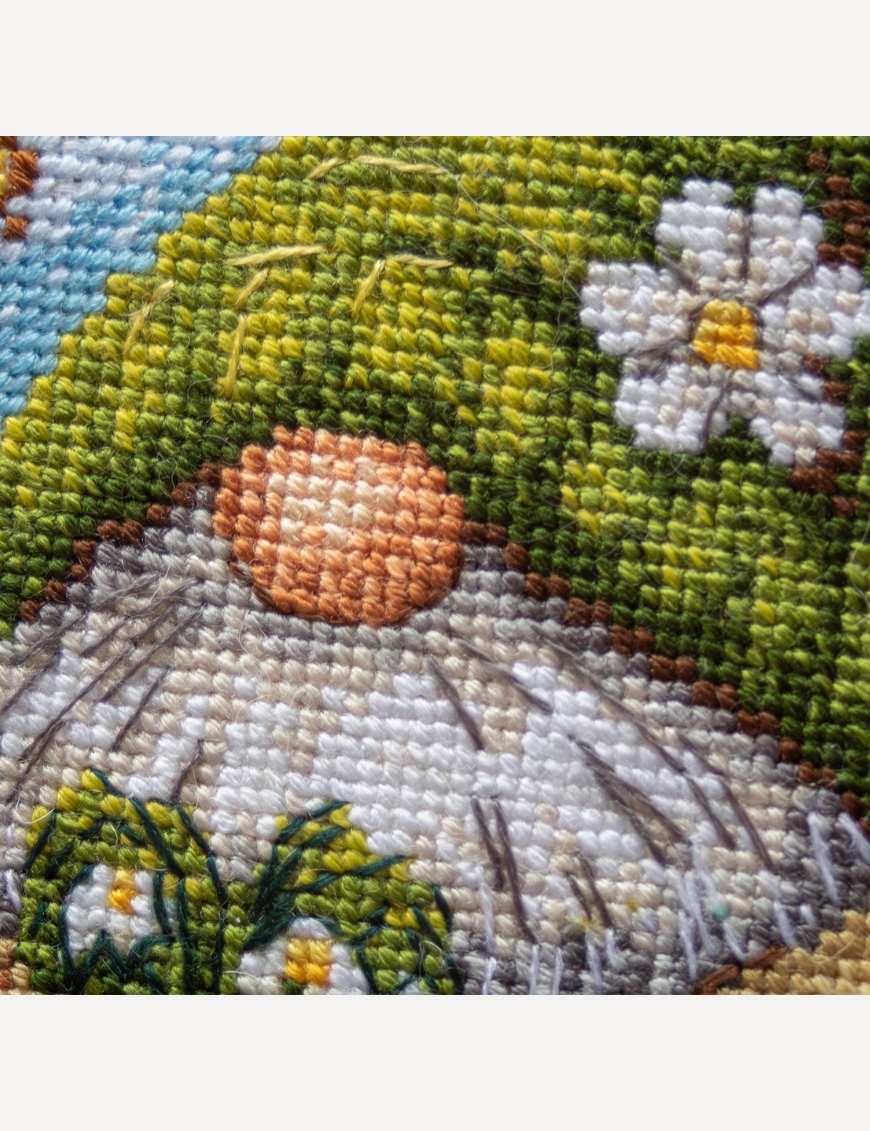 Blossom Gnome - Cross Stitch Kit, different perspective #1, zoomed in. Select this picture to zoom back out.