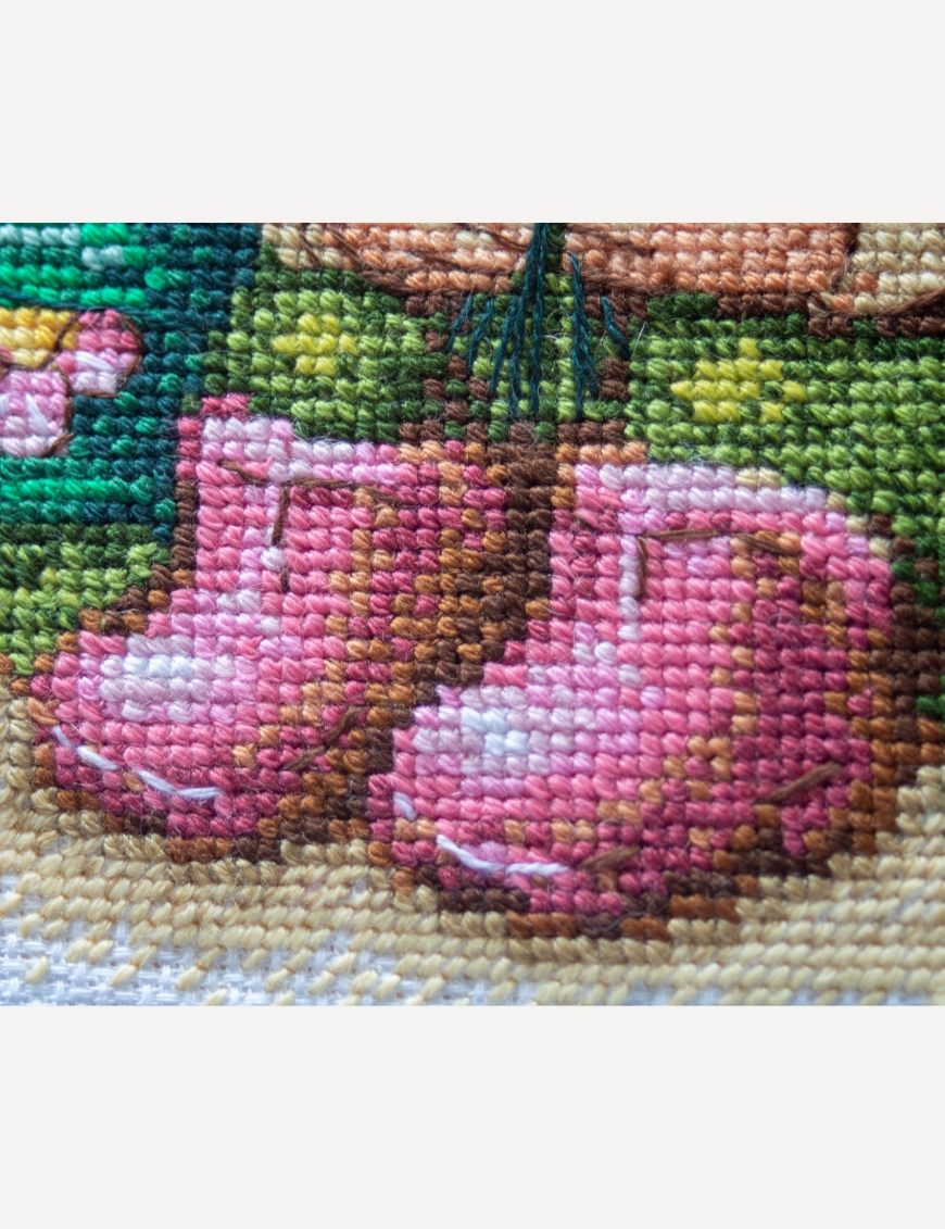 Blossom Gnome - Cross Stitch Kit, different perspective #2, zoomed in. Select this picture to zoom back out.