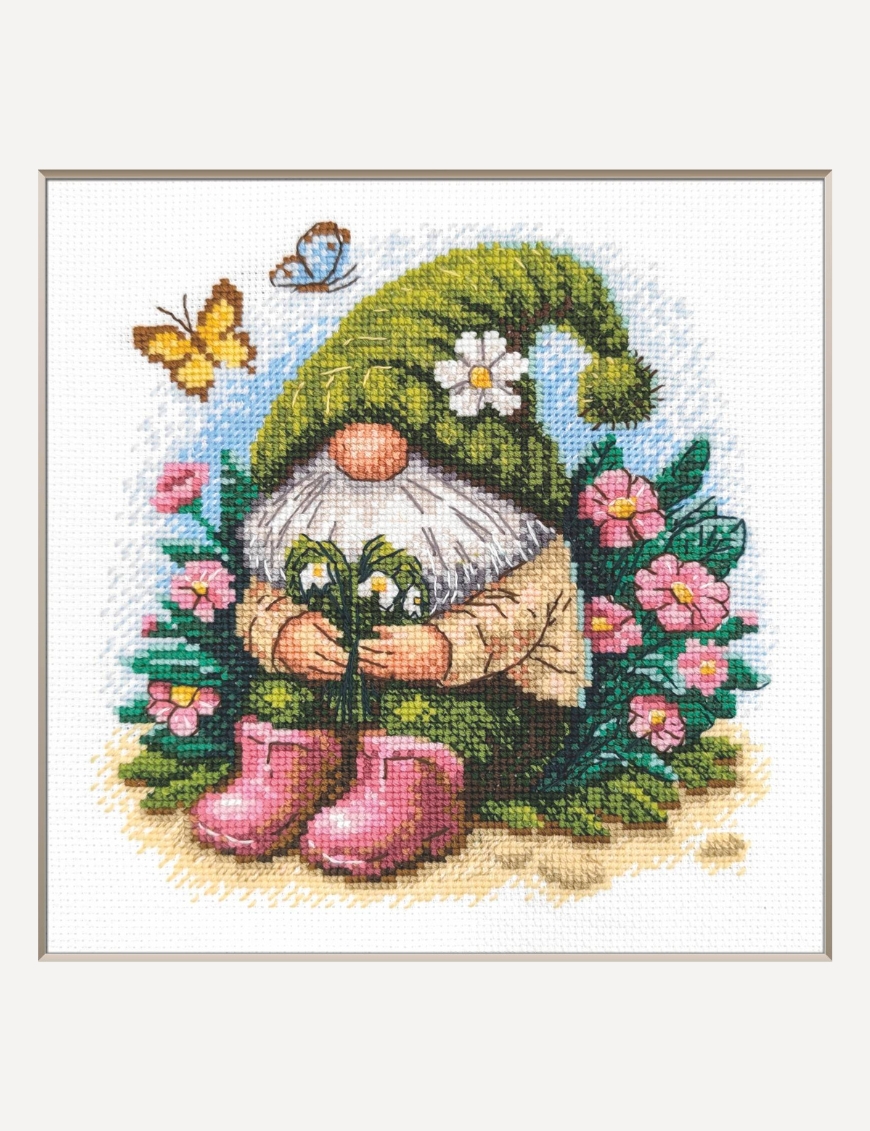Blossom Gnome - Cross Stitch Kit, zoomed in. Select this picture to zoom back out.