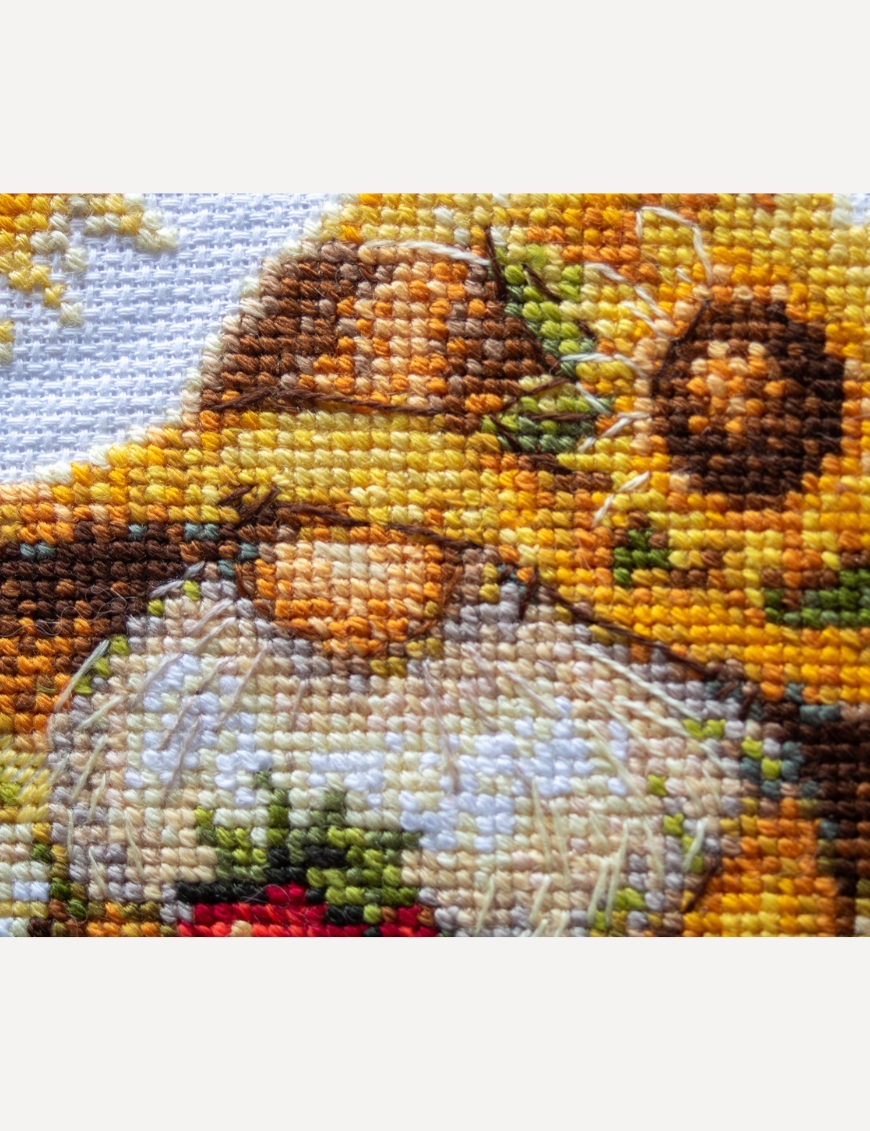 Sunshine Gnome - Cross Stitch Kit, different perspective #1, zoomed in. Select this picture to zoom back out.