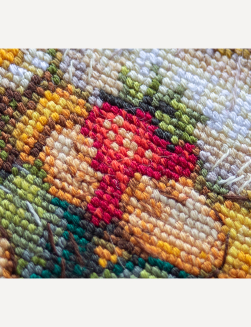 Sunshine Gnome - Cross Stitch Kit, different perspective #2, zoomed in. Select this picture to zoom back out.