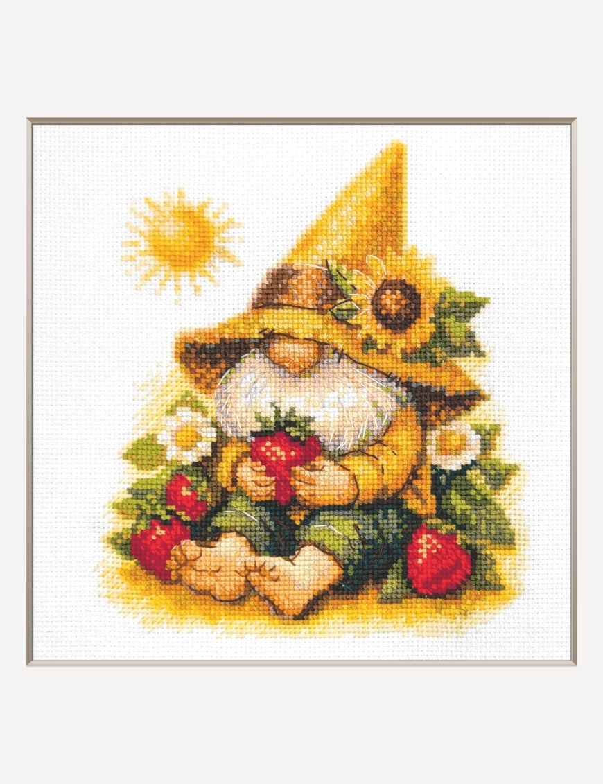 Sunshine Gnome - Cross Stitch Kit, zoomed in. Select this picture to zoom back out.