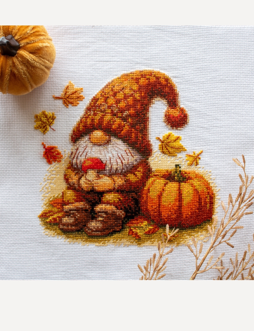 Harvest Gnome - Cross Stitch Kit, different perspective #1, zoomed in. Select this picture to zoom back out.