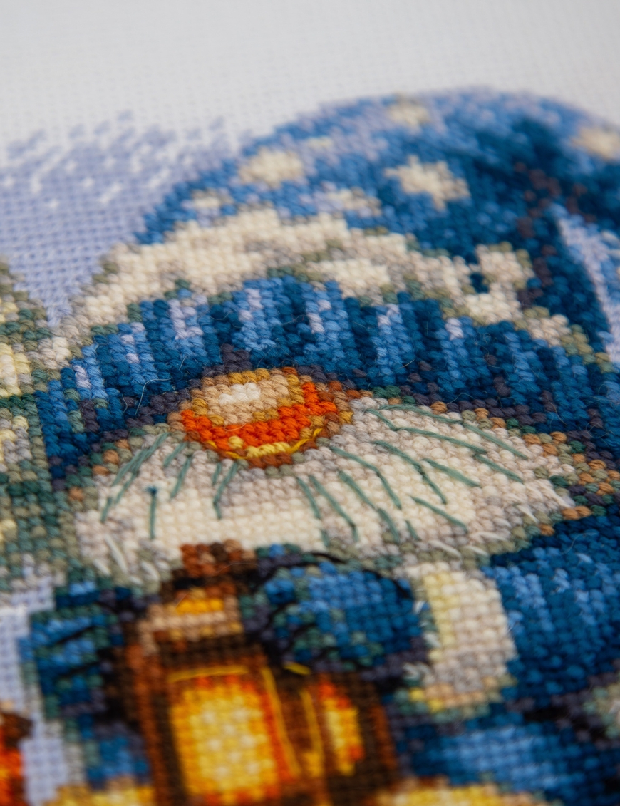 Snowy Gnome - Cross Stitch Kit, different perspective #1, zoomed in. Select this picture to zoom back out.