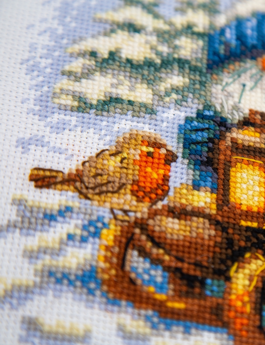 Snowy Gnome - Cross Stitch Kit, different perspective #2, zoomed in. Select this picture to zoom back out.