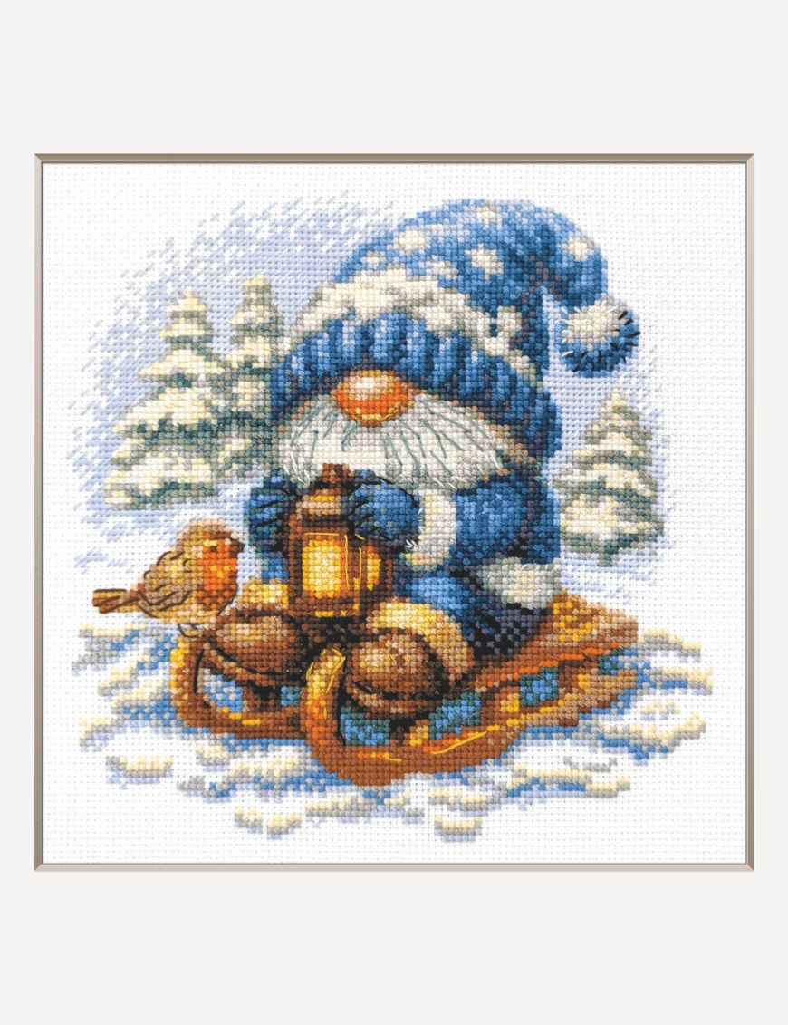 Snowy Gnome - Cross Stitch Kit, zoomed in. Select this picture to zoom back out.