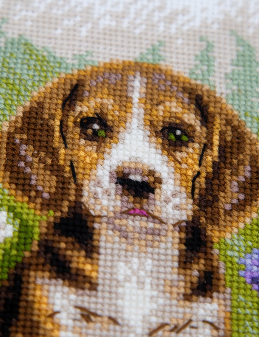 Meadow Pup - Cross Stitch Kit, different perspective #1, zoomed in. Select this picture to zoom back out.